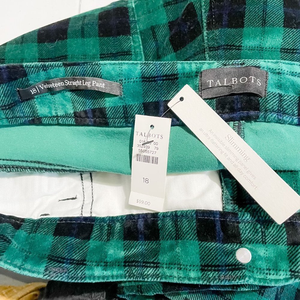 NWT Talbots High Waisted  Velveteen Straight Leg Pants Green Plaid sz 18 - Picture 8 of 10